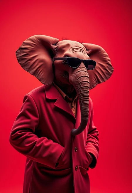 The best mobile wallpaper, Award-winning wallpaper, Portrait Photography, In front view is a portrait of a elephant wearing 1960s mid-century space-age fashion, Side view shot, Shot with Canon EOS R5, Setting a stark contrast that accentuates the subject, Fluorescent maroon shade, Wearing a very fashionable lounge coat and sunglasses are a hip 1960s style, Clothing all in one color, Beautiful background
