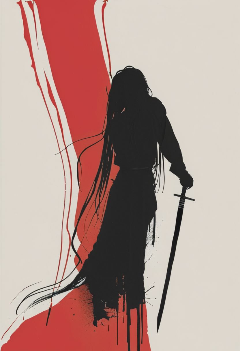 Bw-grignani, Surreal Harmony, Closeup Portrait, An Abstract surreal n Abstract surreal colorful simple painted black Ninja standing at a cliff with extreme Long Hair throughout the frame, katana, red Blood Splash, made of lines, vertical lines, horizontal lines, Portrait Made of intertwining snakes, weaving over and under each other throughout the frame, emphasis effect, moire effect, awash in colorful shades, seamlessly extends the lines,