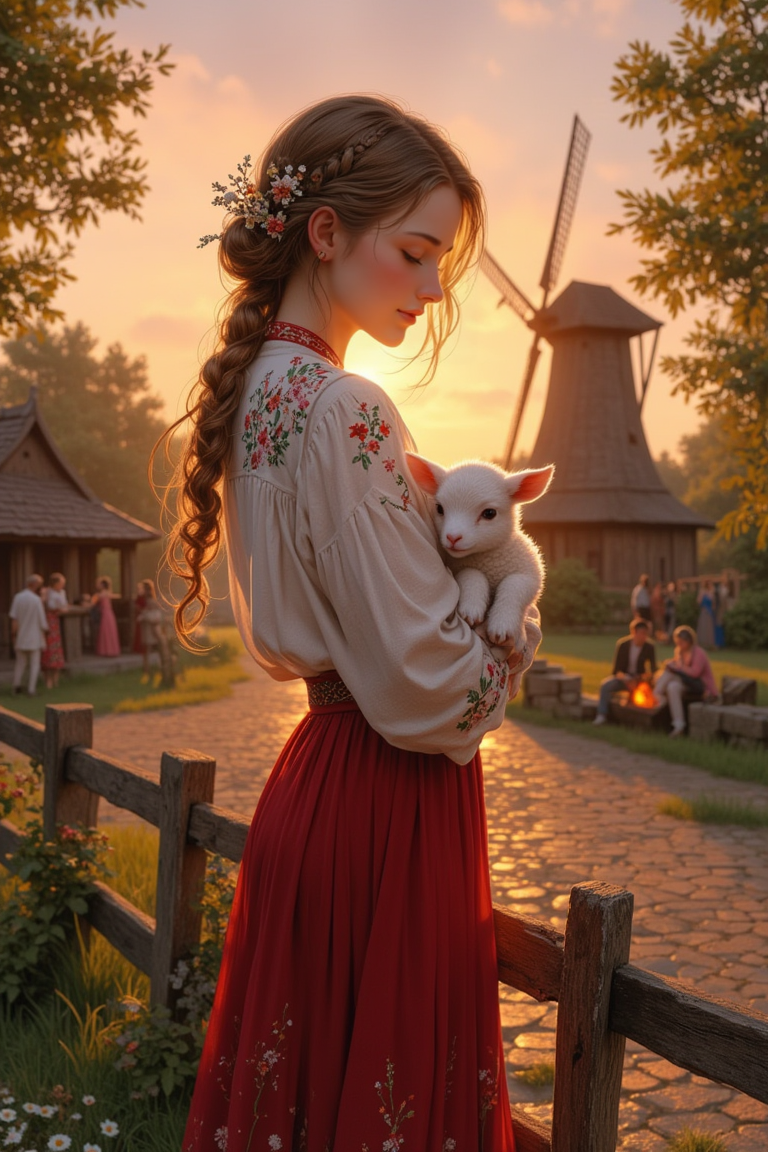 A graceful woman with chestnut-brown hair loosely braided and adorned with tiny wildflowers stands near a rustic wooden fence at sunset, her warm smile radiating kindness as she gently holds a small lamb in her arms. She wears a beautifully embroidered white blouse with delicate floral patterns and a flowing red pleated skirt that catches the soft evening breeze. Her sturdy leather boots rest on the cobblestone path, and the scene is alive with warmth: villagers chatting by a glowing bonfire in the background, children playing near a gently turning windmill with stained-glass-like blades, and the golden-orange sky casting a serene light over the idyllic village. The illustration is semi-realistic, blending detailed textures and rustic charm with a gentle, pastoral beauty