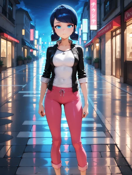 masterpiece, best quality, amazing quality, very aesthetic, detailed eyes, perfect eyes, amazing quality, 19 years old, solo, imtdmarinetteillus, 1girl, blue eyes, blue hair, twintails, short twintails, shirt, pants, jacket, hair bun, low twintails, short hair, pink pants, swept bangs, capri pants, double bun, sleeves rolled up, medium breast, expressionless, street, night, standing, detailed background.
