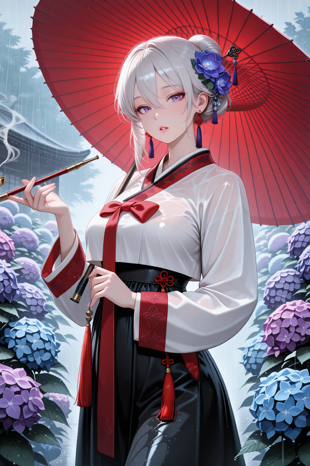 lazypos, 1girl, flower, solo, umbrella, holding, hydrangea, hair ornament, rain, korean clothes, purple flower, holding umbrella, purple eyes, looking at viewer, smoking pipe, hanbok, oil-paper umbrella, earrings, hair between eyes, hair bun, jewelry, hair flower, parted lips, long sleeves, holding smoking pipe, tassel, skirt, single hair bun, white hair, kiseru, grey hair, black skirt, outdoors, blue flower, breasts, hair stick, tassel earrings, red bow, bow, shirt, standing, cowboy shot <lora:super_secret_lora_not_released:2> <lora:TrendCraft_The_Peoples_Style_Detailer-v2.3I-4_15_2025-Illustrious:0.4>