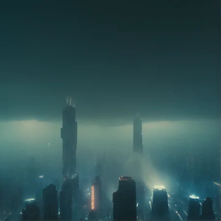 Cinematic shot of cyberpunk skyline Blade Runner Style, 1980s Movie Still, foggy atmosphere, film grain