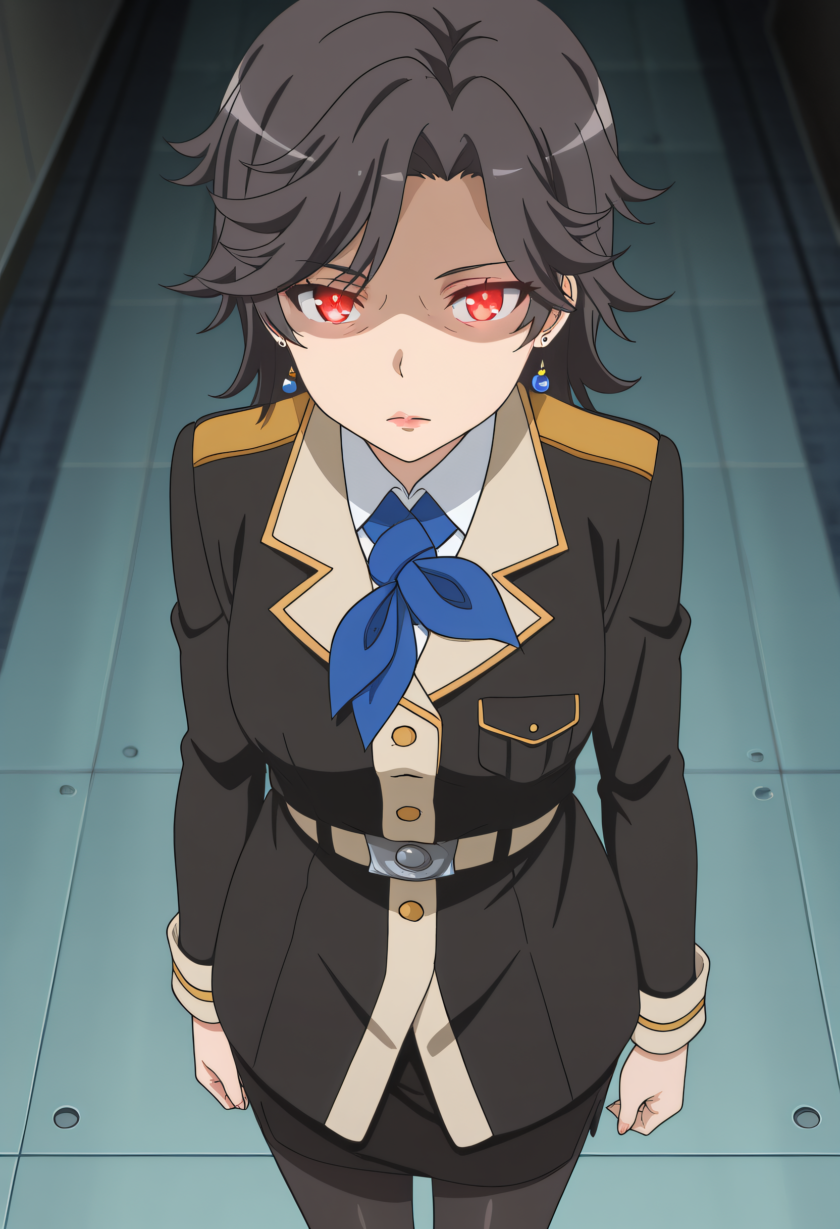 masterpiece,best quality,amazing quality,very aesthetic, absurdres

1girl, solo, Mayuki Munetani, red eyes, military, uniform, lips, jewelry, belt, pantyhose, high heels, anime coloring, (eye wrinkles),

Blank eye, expressionless, emotionless, close mouth, red eyes, glowing eyes, looking forward, shaded face, 

Standing, cowboy shots, 

anime coloring,
