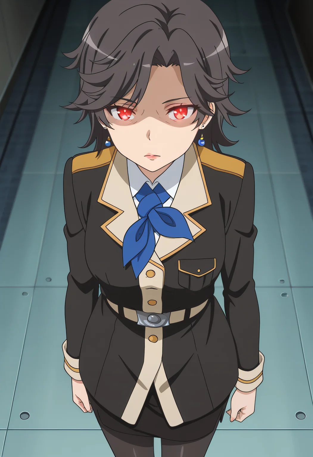 masterpiece,best quality,amazing quality,very aesthetic, absurdres
1girl, solo, Mayuki Munetani, red eyes, military, uniform, lips, jewelry, belt, pantyhose, high heels, anime coloring, (eye wrinkles),
Blank eye, expressionless, emotionless, close mouth, red eyes, glowing eyes, looking forward, shaded face,
Standing, cowboy shots,
anime coloring,