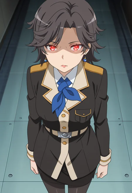 masterpiece,best quality,amazing quality,very aesthetic, absurdres
1girl, solo, Mayuki Munetani, red eyes, military, uniform, lips, jewelry, belt, pantyhose, high heels, anime coloring, (eye wrinkles),
Blank eye, expressionless, emotionless, close mouth, red eyes, glowing eyes, looking forward, shaded face,
Standing, cowboy shots,
anime coloring,