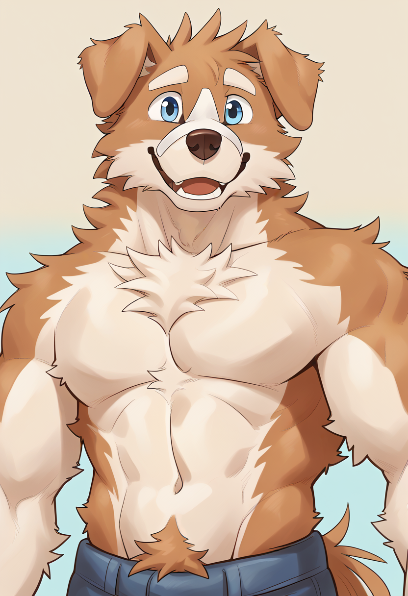 high quality, hires, by tupidwithouts, furry, 1boy, solo, dog boy, blue eyes, brown fur, white eyebrows, white muzzle, tail, happy, floppy ears, topless, white short hair, pants, two tone fur,  <lora:TupidwithoutS_style:1.2>