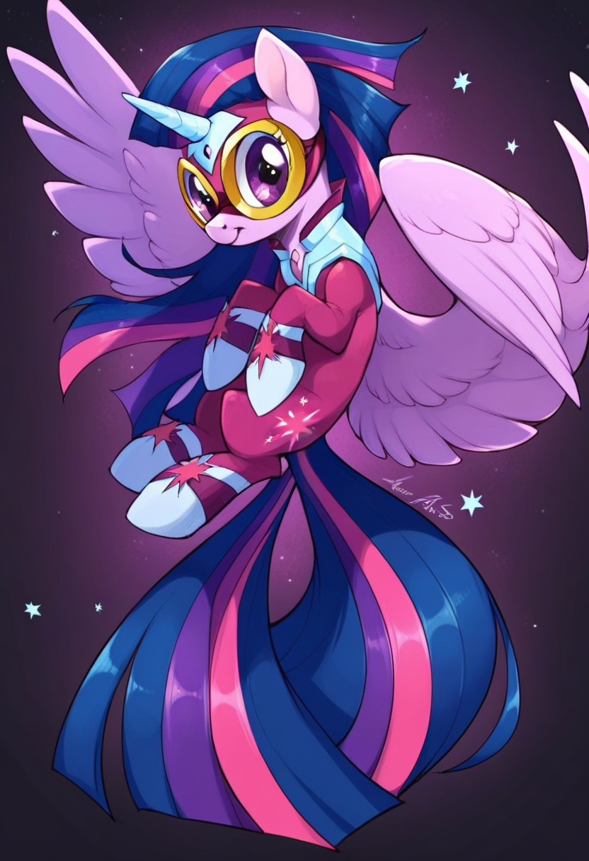 score_9,score_8_up,score_7_up,score_6_up,score_5_up,score_4_up,my little pony,((feral pony)),1girl,((solo)),(sexy),beautifully detailed,(detailed face of an unhappy pony)((detailed blue starry background:1.5)),((woman)),high angle,full body,<lora:masked_matter-horn:1>,Twilight Sparkle,bright purple superhero costume,light blue inserts on the chest resembling a stylized cape,stars on shoes,white shoes with purple stripes,purple mask with large round glasses in gold frames,there is a small light blue protrusion on the mask,