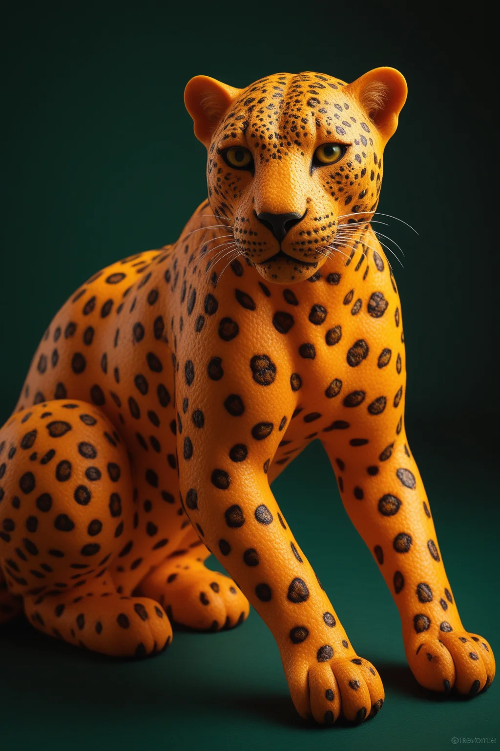 high quality,masterpiece,ultra-high resolution,incredible composition,extremely detailed, <lora:Orange_Peel:0.7>, A sleek leopard sculpted from orange peel, its spotted coat formed by citrus skinâs natural patterns. Eyes gleam with predatory allure, peel shimmering. Ultra-high resolution macro, showcasing texture. Background: dark green velvet, soft light, orange wedges, and cloves for a seductive food photography vibe.