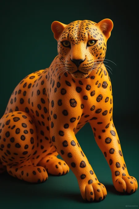 high quality,masterpiece,ultra-high resolution,incredible composition,extremely detailed, <lora:Orange_Peel:0.7>, A sleek leopard sculpted from orange peel, its spotted coat formed by citrus skinâs natural patterns. Eyes gleam with predatory allure, peel shimmering. Ultra-high resolution macro, showcasing texture. Background: dark green velvet, soft light, orange wedges, and cloves for a seductive food photography vibe.