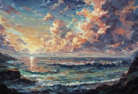 score_9, score_8_up, score_7_up, score_6_up, psychedelic, wallpaper, background, 8k, bokeh, minimalist, oil painting, flat, anime style
landscape, vibrant beach sunset, clouds, waves,