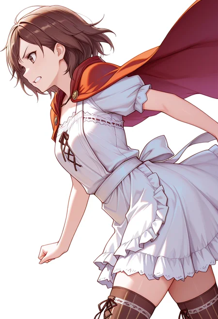 masterpiece,high quality details, absurdres,colorful,
<lora:Hiro_Kurusu_V2:0.8> hiro_cnr, 1girl, brown hair, short hair, brown eyes,, simple background, white background, from side,solo,, clenched teeth,open mouth,, lace-up top,cape,apron skirt, ,vertical-striped thighhighs,