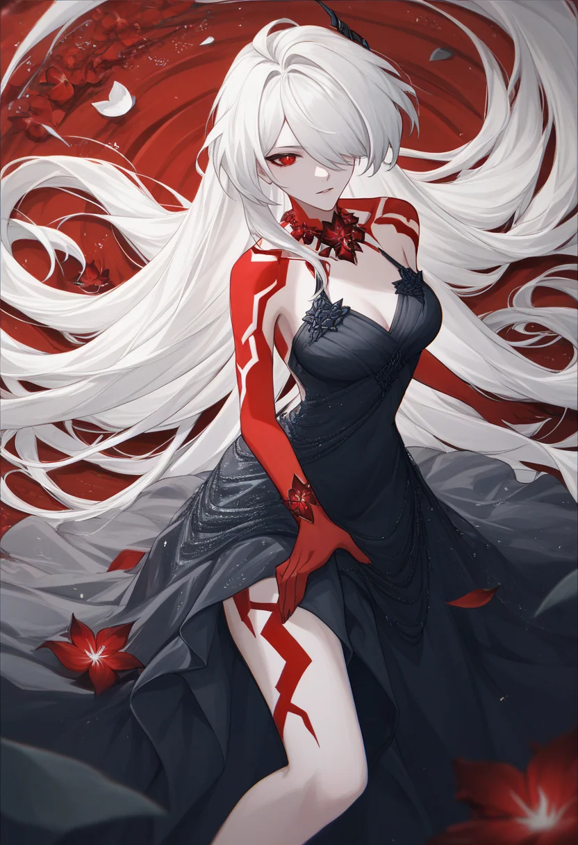 score_9, score_8_up, score_7_up, source_anime BREAK 1girl, solo, <lora:acheron-hsr-richy-v1_pdxl:1> acheronalt, white hair, long hair, hair over one eye, red eyes, body markings, gown, layered dress, black dress, embroidery, jewelry