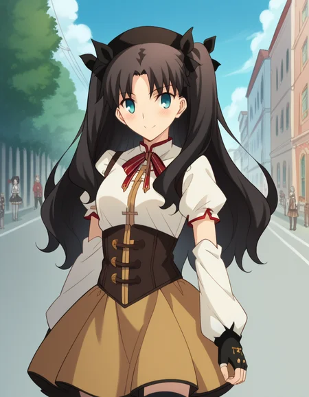 score_9, score_8_up, score_7_up, source_anime, rintohsaka, <lora:rin-tohsaka-ubw-ponyxl-lora-nochekaiser:1>, rin tohsaka, aqua eyes, black hair, hair ribbon, long hair, ribbon, sidelocks, two side up, parted bangs,, <lora:mami-tomoe-cosplay-ponyxl-lora-nochekaiser:1>, mamitomoecosplay, tomoe mami \(cosplay\), black gloves, black headwear, black thighhighs, brown skirt, detached sleeves, fingerless gloves, gloves, magical girl, pleated skirt, puffy short sleeves, short sleeves, skirt, corset, striped clothes, striped thighhighs, white shirt, white sleeves, ribbon,, outdoors, street, smile, blush,, cowboy shot, dutch angle, solo,