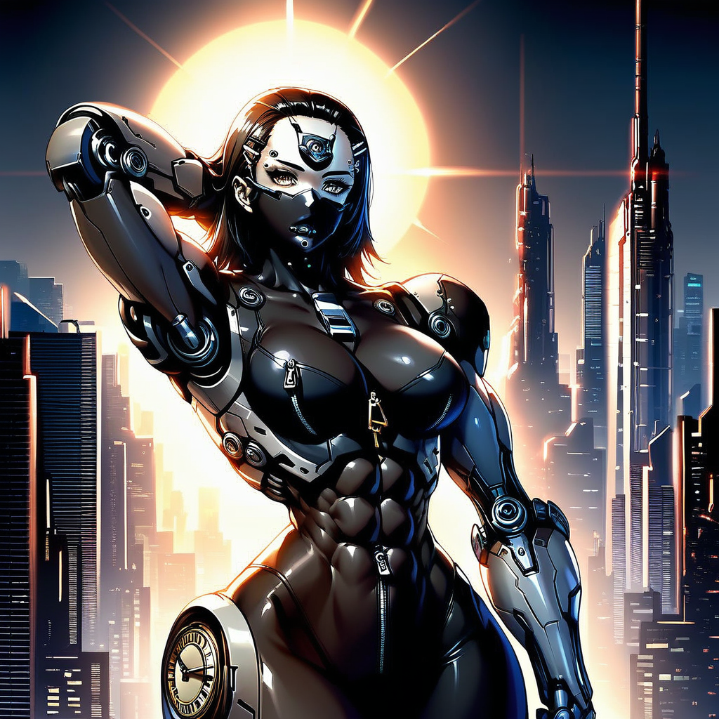 gauntlets, hair ornament, hairclip, nude, black bodysuit, zipper pull tab, mask, object insertion, backlighting, cityscape, lip piercing, mechanical parts, arms behind head, black panties, clock, abs, wide hips, dress, cleavage, mecha musume, leotard, straight-on