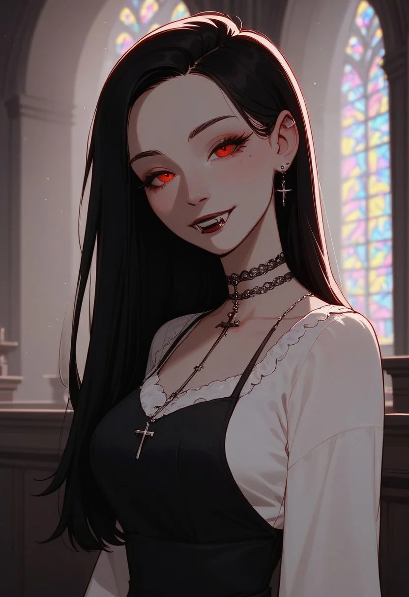 score_9,score_8_up,score_8,score_9,
(((pastel colors, high contrast, expressiveh))),
((1girl, solo, transgender girl, vampire, black long hair, red eyes, in simple dress, cute smile, closed eyes, head tilted, kind expression)),
looking at viewer,
overflow, sexy belly,
indoors, in church background