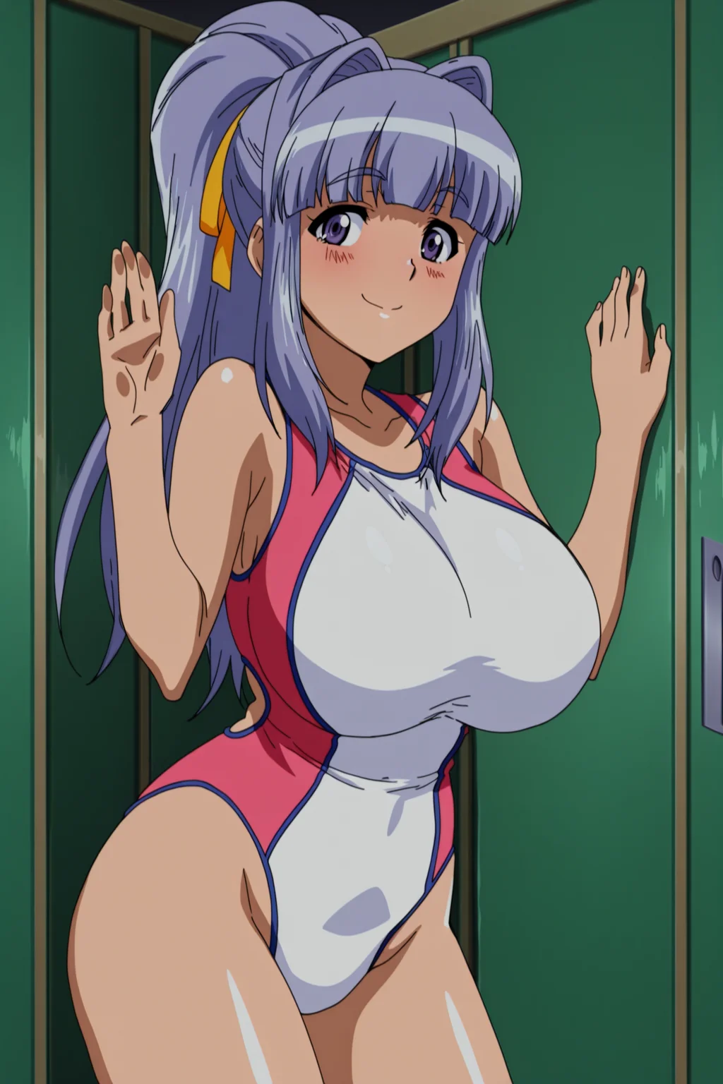 anime coloring, anime screencap, masterpiece, best quality, amazing quality, detailed face
<lora:Yayoi_Mizuno_Gogo_no_Kouchou_Junai_Mellow_yori:1>
in a locker room,
1girl, solo, long hair, purple hair, ponytail, hair ribbon, hair intakes, hair ribbon, purple eyes, huge breasts,
Yayoi swimsuit outfit, swimsuit, one-piece swimsuit, looking at the viewer, cute smile