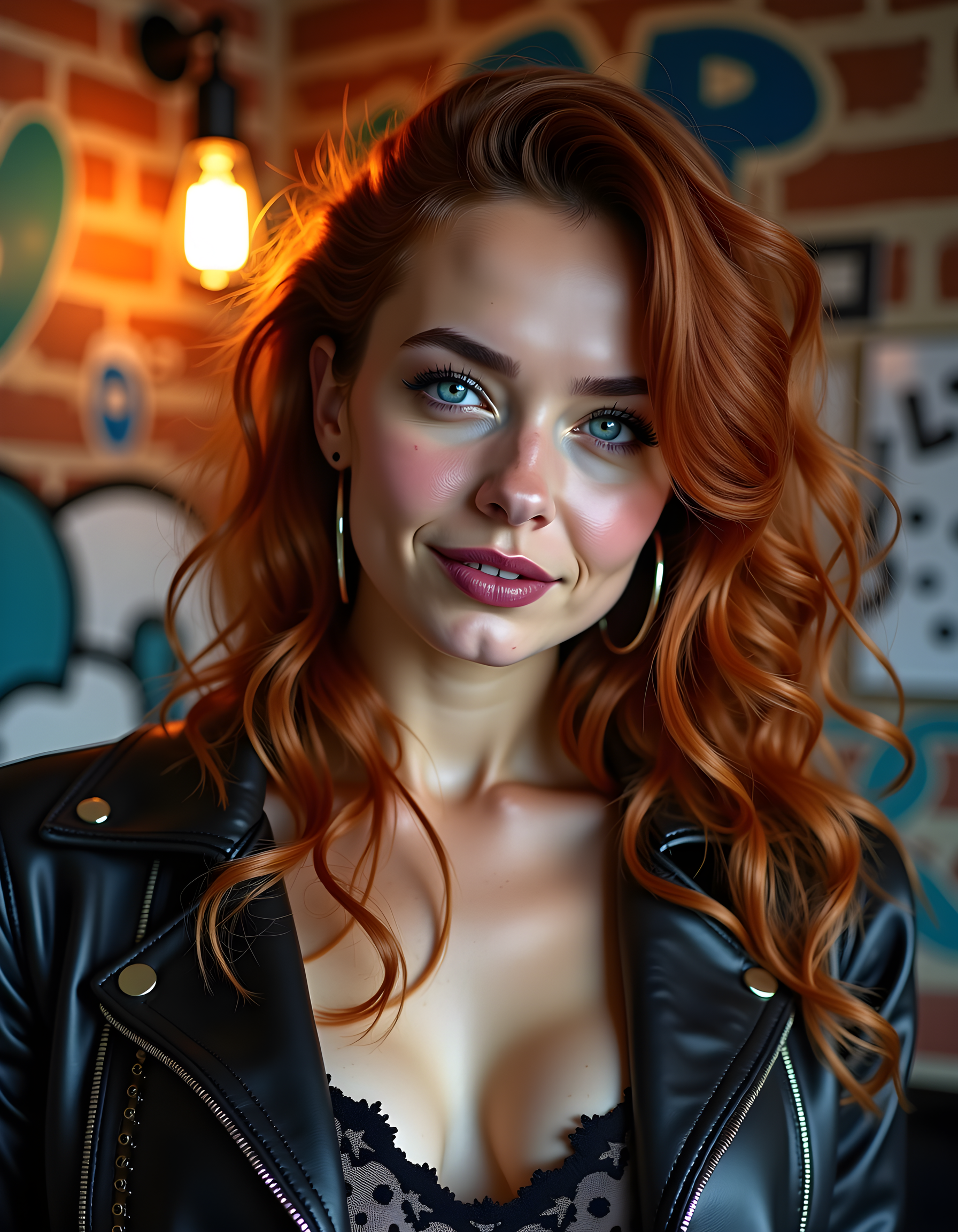 In a gritty, urban setting of a rustic loft in the heart of Brooklyn, New York, under the soft glow of a single, hanging Edison bulb, the camera captures a close-up portrait of C1ND1E, a woman with cascading auburn curls that frame her delicate yet strong features. Her piercing blue eyes, adorned with subtle kohl liner and freckles, reflect a fierce determination. A pair of antique silver hoop earrings dangle from her ears, catching the light as she leans slightly forward, her full, plum-colored lips parted in a confident smirk. Her upper body is clad in an edgy, vintage leather jacket over a lace bodice, the jacket's frayed edges and intricate buckles adding to her enigmatic allure. The background is a blend of brick walls and graffiti art, creating a contrast between the feminine and the rugged, while the moody, monochrome color palette further emphasizes the raw emotion in C1ND1E's expression.