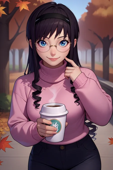 score_9, score_8_up, score_7_up, score_6_up, source_anime, 1girl, solo, <lora:morishimaharuka-pdxl-nvwls-v1-000006:1> amaMH, black hair, drill hair, long hair, blue eyes, black hairband, pink sweater, turtleneck, black pants, breasts, glasses, autumn, happy, looking at you, holding coffee cup