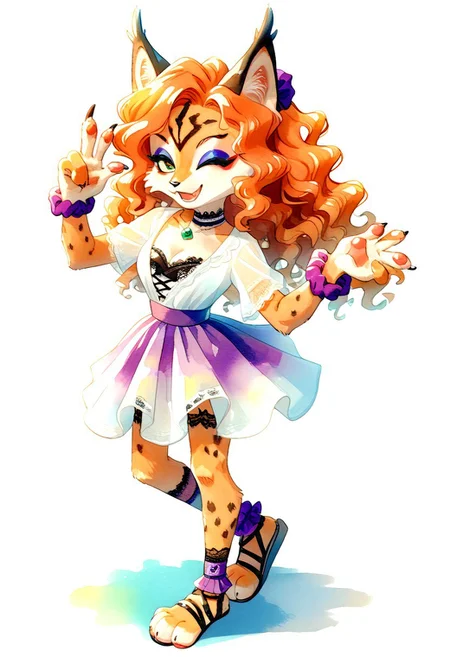 score_9, score_8_up, score_7_up, ohr_cn, traditional media, watercolor (medium), source_furry, Slender, slim, fit, adult female lynx, green eyes, (eyeliner:1.9), (eyeshadow:1.9), feminine eyelashes, (paws:1.3), small claws, fang, paw pads, (wavy hair, orange hair, violet highlghts:1.4), (scrunchie:1.3), jewel choker, bracelets, open-toe stockings, leg up, cheerful expression, smile, wink, furry, (lace trim:2), glitter shirt, cutout shirt, cleavage, bow detailing, (correct anatomy:2), Miyu, standing pose, view from behind