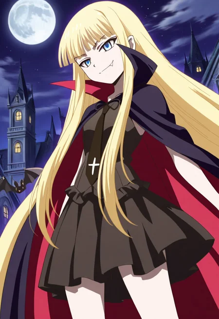 masterpiece, best quality, 1girl, solo, eyelashes, (beautiful eyes),   zzEva, cape, black skirt, moon, bat (animal), vampire, very long hair, smile, fang, smug,   large breasts,