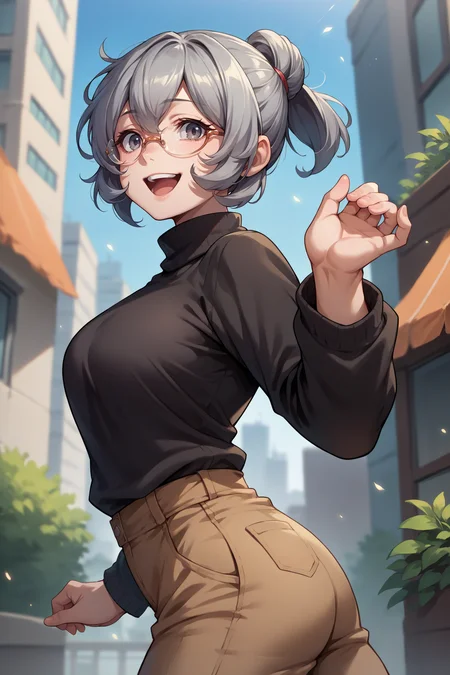 score_9, score_8_up, score_7_up, score_6_up, source_anime, 1girl, solo <lora:syrflova-pdxl-nvwls-v1-000004:1> dmSyr, grey hair, medium hair, folded ponytail, black sweater, turtleneck sweater, glasses, brown pants, from side, happy, open mouth, looking at you, city