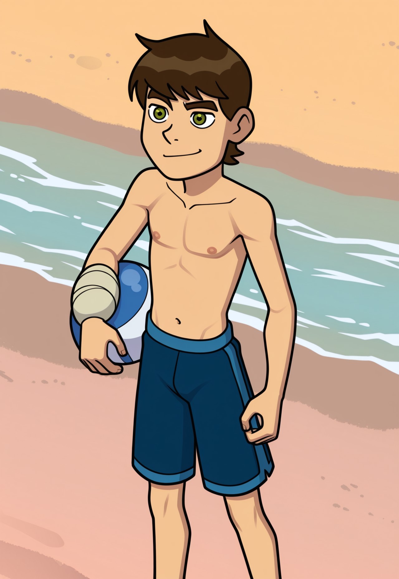SulSum Style, perfect anatomy, Ben Inc 10, 1boy, Blue Inc Swim Shorts, beach, Wrist Bandage Ball,