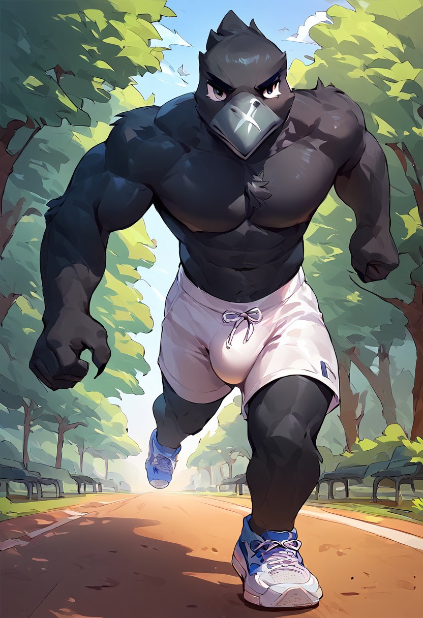 score_9,score_8_up,score_7_up, source_cartoon, solo, 1boy, bs_crow, furry, bird, white shorts, bulge, naked torso, muscular, sneakers, park, running towards viewer,