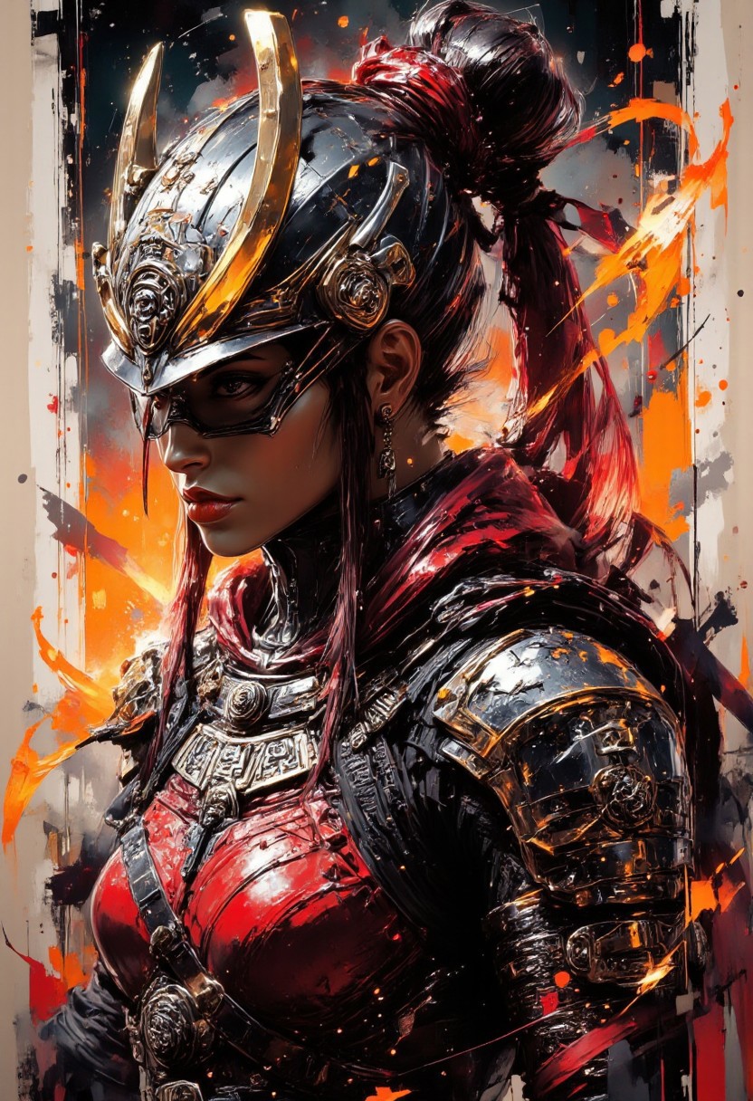 Silhouette Art, breathtaking detailed, masterpiece, awe-inspiring, radiant, magnificent. (all dark hues and fine vibrant orange glowing smoldering accent and shiny silver color scheme:1.02). glossy. stunning oriental woman, long hair, samurai helment, red leather samurai armour