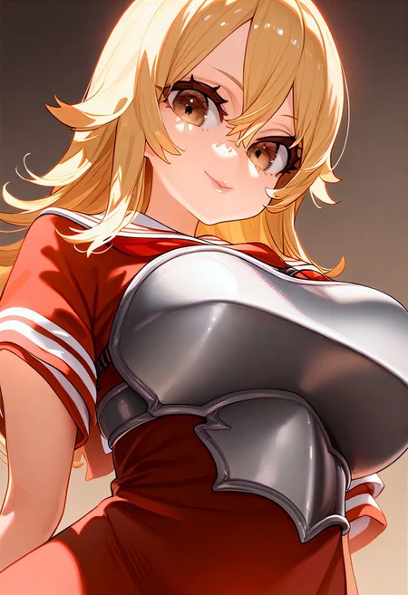(masterpiece:1.2, best quality), (finely detailed eyes: 1.2) (ultra-detailed, hires), (detailed face, detailed eyes), (best illumination), detailed glow, high contrast, looking at viewer, solo, smile, closed mouth, 1girl, huge breasts, wide hips, thick thighs, centurii-chan, blond hair, brown eyes, hair between eyes, medium hair, fluffy hair, bangs, armor, ((breastplate)), dress, neckerchief, red neckerchief, red dress, short dress, short sleeves, pink lips, skindentation, no background, empty background, (((face shot))), (masterpiece, best quality, very aesthetic, absurdres), (ultra detailed perfect piece:1.2), illustration, masterpiece, (extremely detailed CG 8k), (very fine 8K CG), <lora:add-detail-xl:-1>