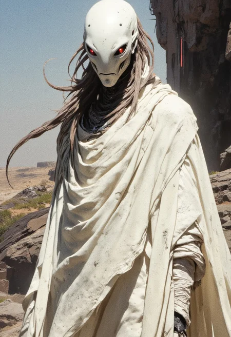 highly detailed and hyper realistic and dynamic.
This is a high-quality digital illustration in a hyper-realistic, cyberpunk style, likely created using advanced digital painting techniques. The image features a humanoid figure with an elongated, smooth, and almost bone-like head, devoid of traditional facial features except for a single, glowing red eye. The figure's skin is pale, ivory and glossy, with an eerie, almost metallic sheen. Long, thin tentacle-like appendages extend from the head, blending seamlessly into the shoulders and upper body, suggesting a cephalopod or alien influence.The figure is draped in a flowing, white, and highly intricate cloak that covers its upper body, adding to the enigmatic and otherworldly appearance. The cloak's texture appears soft yet worn, with subtle creases and folds that suggest movement, even though the figure is stationary. The background is an outdoor futuristic, otherworldly, alien landscape which contrasts with the subject and emphasizes its otherworldly nature. The lighting is soft and diffused, casting gentle shadows that enhance the three-dimensional form of the figure. The depth of field is shallow, keeping the background blurred and the subject in sharp focus. The aesthetic quality of the image is very high, with meticulous attention to detail and texture, making it visually striking and evocative. The overall mood is mysterious and slightly unsettling, fitting well within the cyberpunk and sci-fi genres.