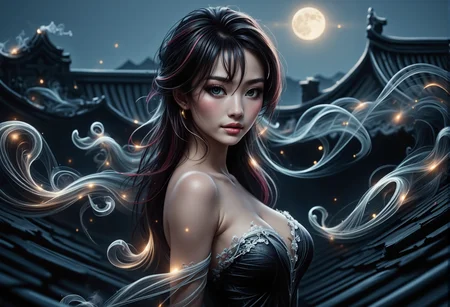 mad-wsps, xslx scribble, detailmaximizer. A close-up of a stunning young Asian woman, her face illuminated by the soft glow of the full moon. Her flawless, porcelain-like skin shimmers gently under the moonlight, with a subtle red tint in her deep black hair. She wears light, smoky makeup that enhances her almond-shaped eyes, giving her a more mysterious, seductive appearance. The deep green of her eyes reflects the night sky, and her lips have a soft blush that complements her natural beauty. Behind her, the intricately curved roof tiles of the ancient Chinese palace are barely visible, framing her face in an air of tradition and majesty. Mist swirls around the rooftop, enhancing the mysterious and spiritual aura of the scene. She wears a flowing black dress with minimal white accents, delicately embroidered along the neckline, that catches the moonlight subtly., <lora:RealisticAnimeFlux_v2.safetensors:1.0:1.0> <lora:Wisps_of_Light_FLUX.safetensors:0.8:0.8> <lora:scribble-flux-v1.safetensors:1.0:1.0> <lora:aidmaImageUpgrader-FLUX-V0.1.safetensors:0.5:0.5>