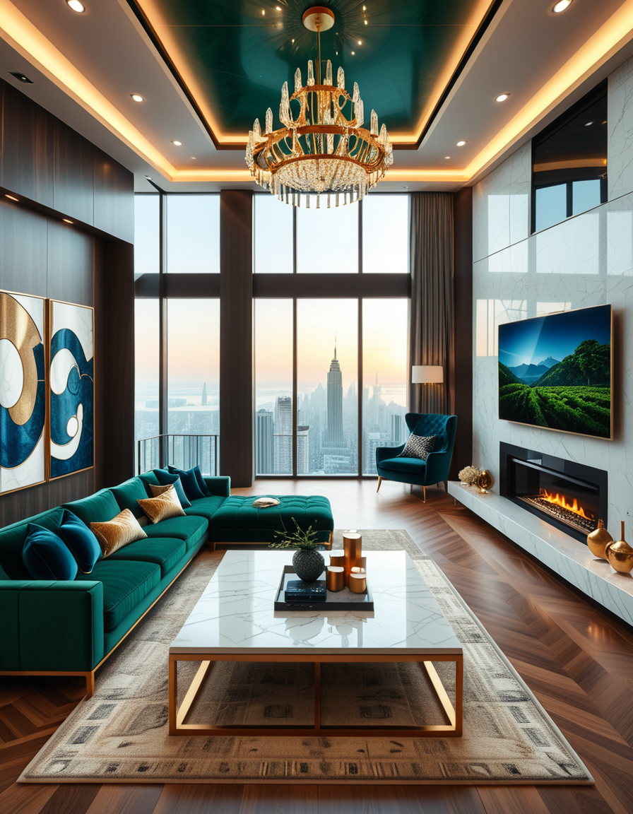 A lavish and modern luxury living room with a spacious open layout. The room features a grand chandelier with crystal details hanging from a high ceiling. Plush velvet sofas in deep emerald green and navy blue are arranged around a sleek marble coffee table with gold accents. The floor-to-ceiling windows allow natural light to flood the space, revealing a breathtaking city skyline in the background. A contemporary fireplace with a sculptural design adds warmth, while elegant artwork and designer decor pieces complete the sophisticated ambiance. The lighting is soft and ambient, creating a cozy yet opulent atmosphere.
<lora:SDXLFaeTastic2400:0.4> <lora:extremely_detailed:0.4> extremely detailed,  <lora:luxurious_l1v1ng_r00m:1>,luxurious l1v1ng r00m, Masterpiece,best quality,hi res,8k,hi res,8k,award winning,(sharp focus, intricate, highly detailed),