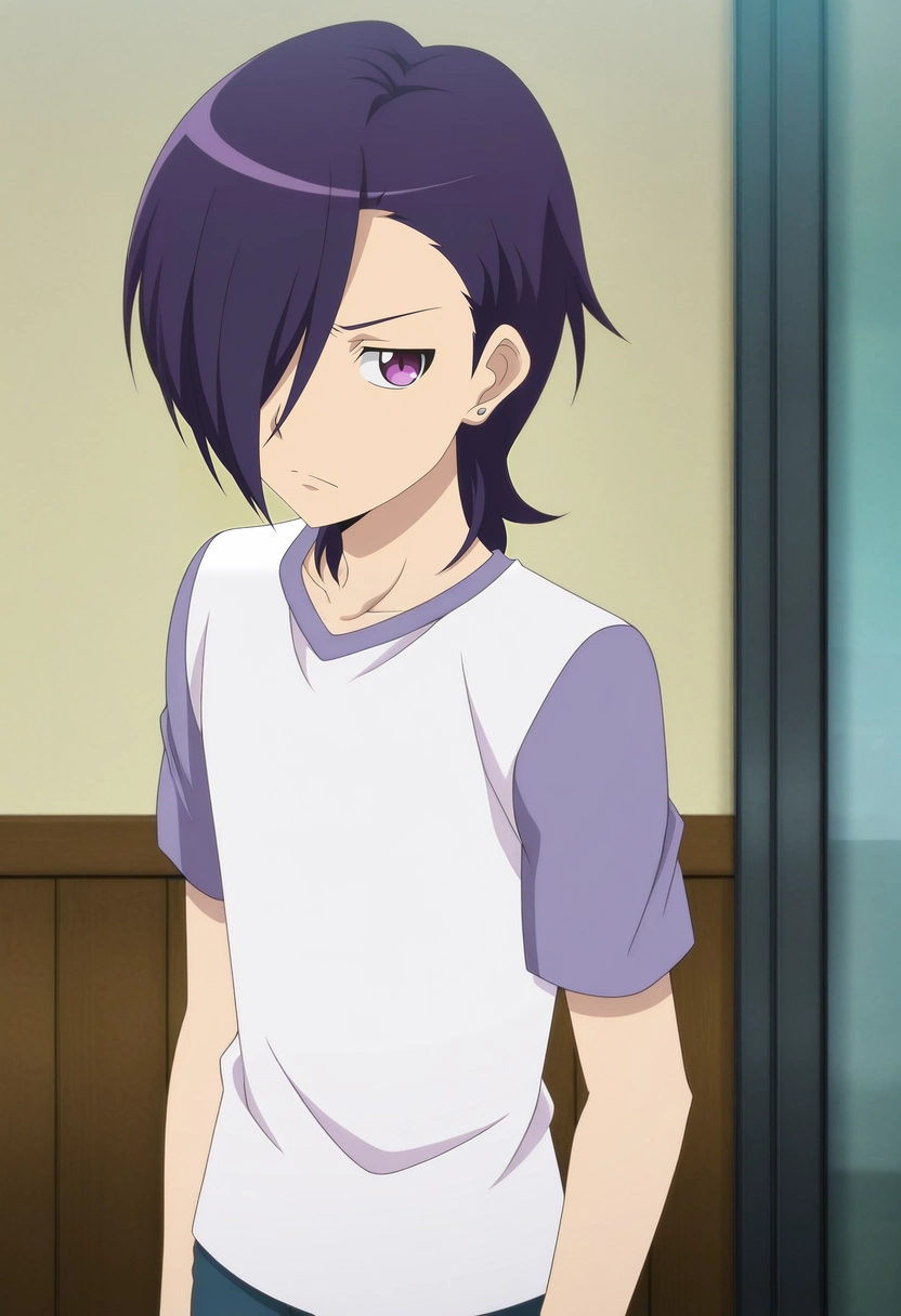 masterpiece, best quality, anime screencap, official style, anime coloring, cowboy shot, 1boy, solo, male focus, <lora:hanzou_urushihara_ilxl:0.92>, hanzou_urushihara, purple hair, purple eyes, hair over one eye, short hair, , white shirt, raglan sleeves,