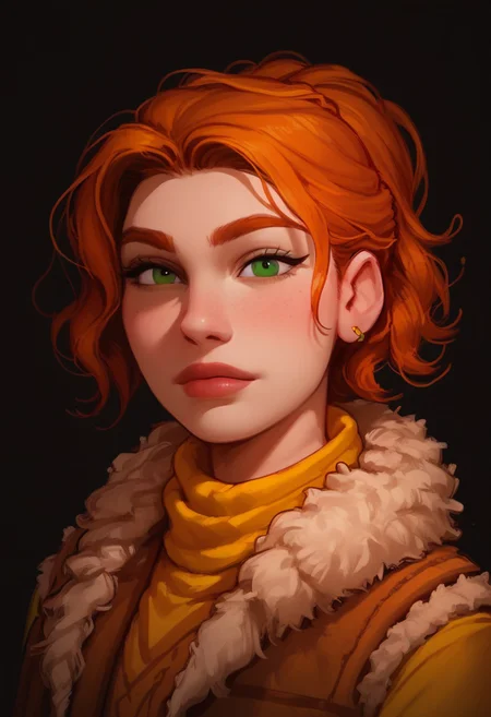 score_9, score_8_up, score_7_up, score_6_up, <lora:Robin_-_Stardew_Valley:0.8> robin_sdv, ginger hair, ponytail, medium hair, green eyes, ponytail, yellow sweater, long sleeves, brown vest, fur trimmed vest, green pants