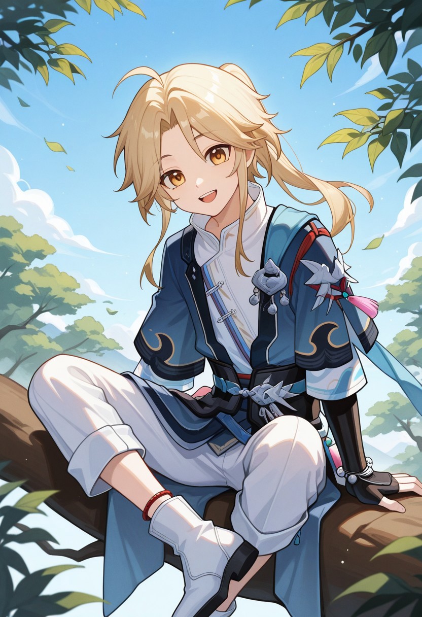 masterpiece,best quality,amazing quality, source_anime, 
Yanqihonk, 1boy, male focus, solo, sitting, looking at viewer, tree, open mouth, yellow eyes, smile, in tree, outdoors, sitting in tree, leaf, tassel, sky, teeth, upper teeth only, day, blonde hair, long hair, ponytail, chinese clothes, shirt, white shirt, kimono, blue kimono, tassel, belt, fingerless gloves, black gloves, white pants, capri pants, anklet, ankle boots, white footwear,