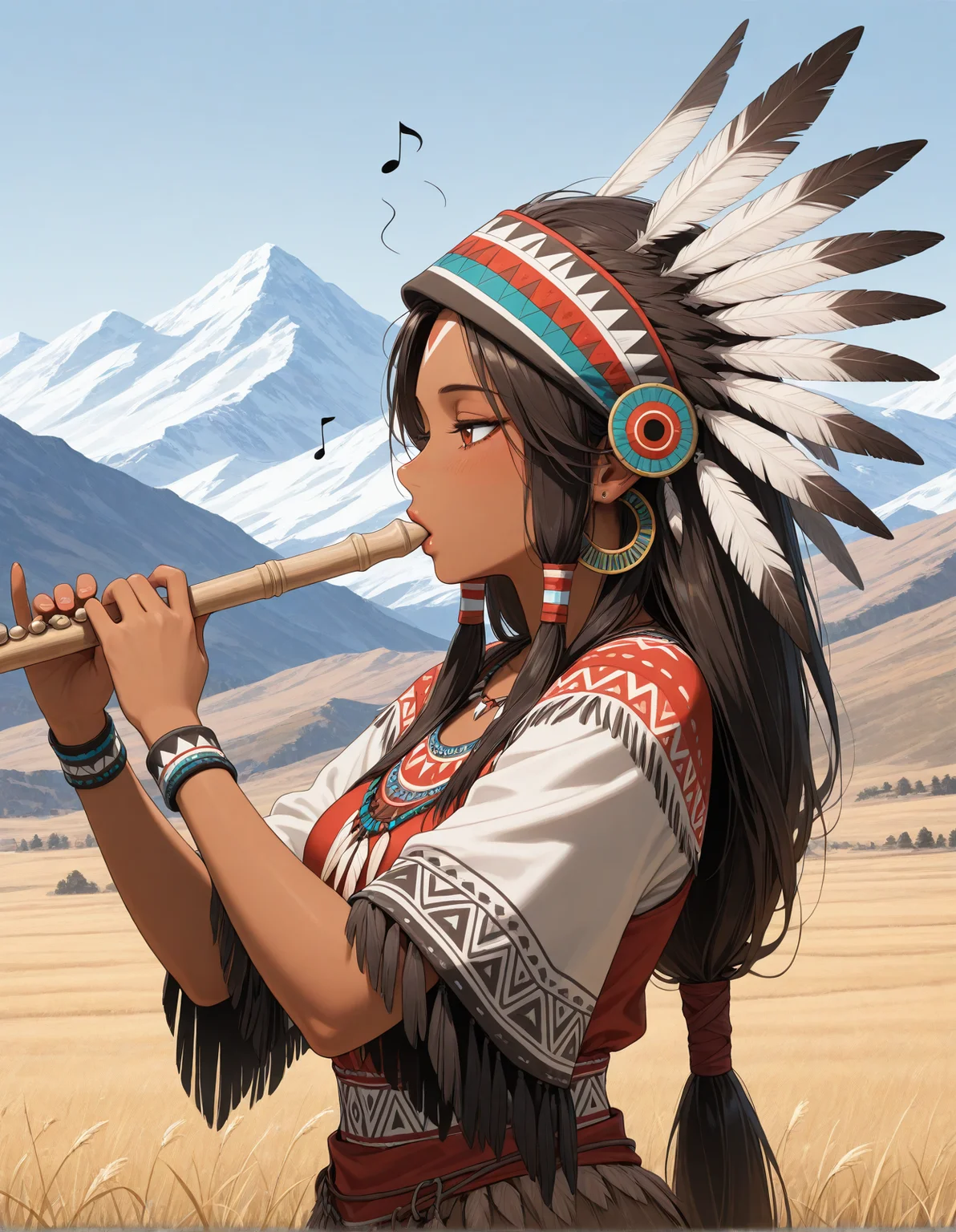 masterpiece, best quality, amazing quality, native american, outdoors, general, mountain, sprint, playing flute,music, musical note,