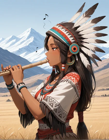 masterpiece, best quality, amazing quality, native american, outdoors, general, mountain, sprint, playing flute,music, musical note,