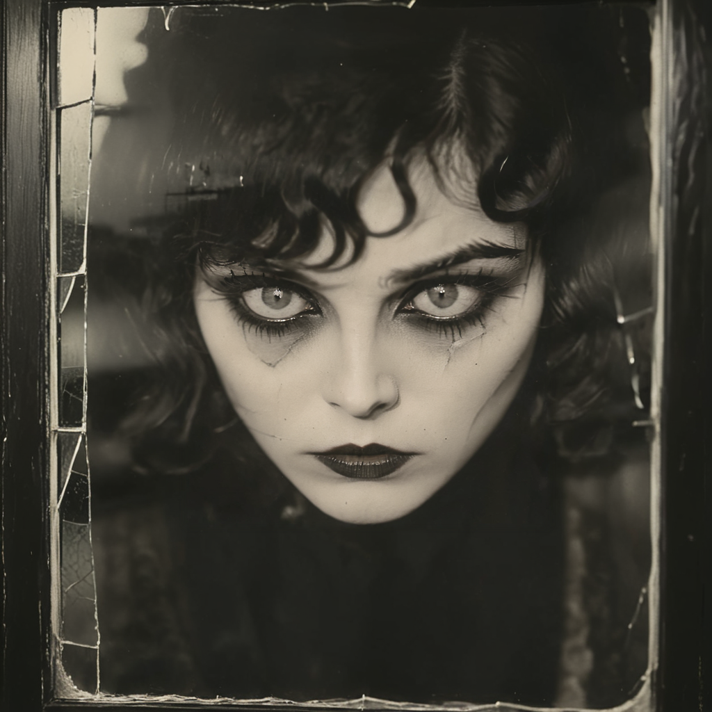<lora:20s_Silent_MovieSDXL:1> ArsMovieStill, 20s Silent Movie Still, Black and White, The image is a black and white portrait of a woman's face. The woman appears to be in her late twenties or early thirties with dark hair styled in loose waves and bangs. She has a dramatic makeup look with dark eyeliner and dark lipstick. Her eyes are heavily lined with dark eyeshadow and her eyebrows are groomed and filled in. She is looking directly at the camera with a serious expression. The background is blurred but it seems to be a window with a cracked glass pane. The overall mood of the image is dark and eerie., 1girl, solo, monochrome, looking at viewer, greyscale, makeup, portrait, lips, closed mouth, glass