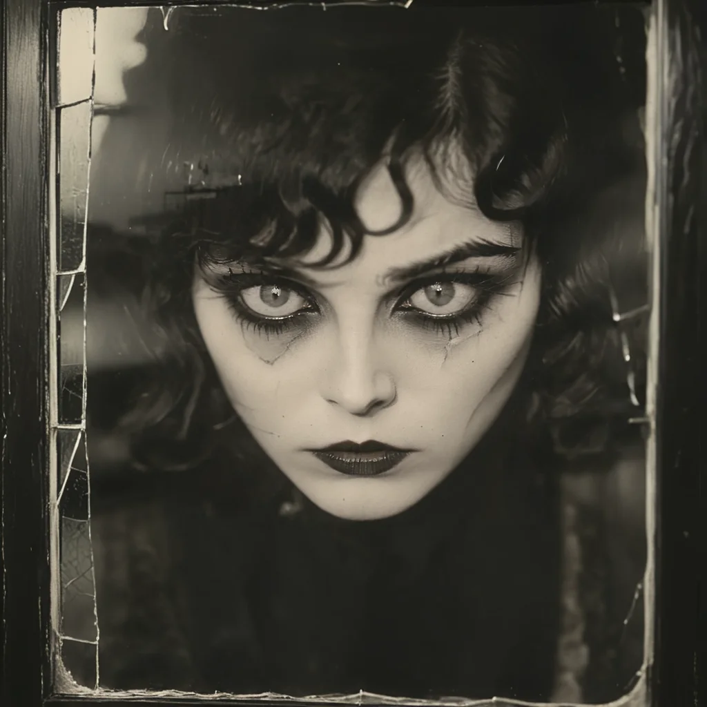 <lora:20s_Silent_MovieSDXL:1> ArsMovieStill, 20s Silent Movie Still, Black and White, The image is a black and white portrait of a woman's face. The woman appears to be in her late twenties or early thirties with dark hair styled in loose waves and bangs. She has a dramatic makeup look with dark eyeliner and dark lipstick. Her eyes are heavily lined with dark eyeshadow and her eyebrows are groomed and filled in. She is looking directly at the camera with a serious expression. The background is blurred but it seems to be a window with a cracked glass pane. The overall mood of the image is dark and eerie., 1girl, solo, monochrome, looking at viewer, greyscale, makeup, portrait, lips, closed mouth, glass