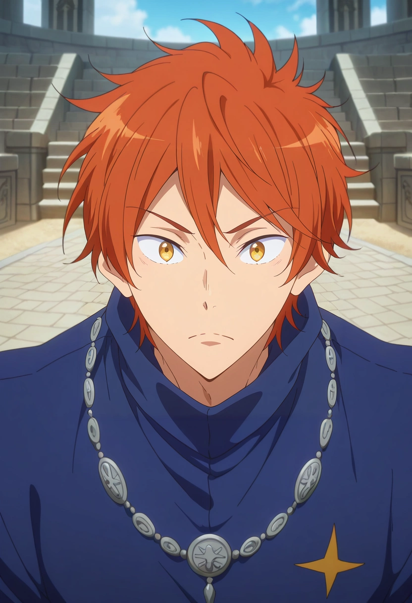 masterpiece, best quality, intricate details, anime screencap, , , looking at viewer, 1boy, solo, male focus, <lora:momotarou_mikoshiba_ilxl:1>, momotarou_mikoshiba, orange hair, yellow eyes, ancient arena, stone seats, sand pits, historic carvings, observing pose, inspired expression, midday sun,