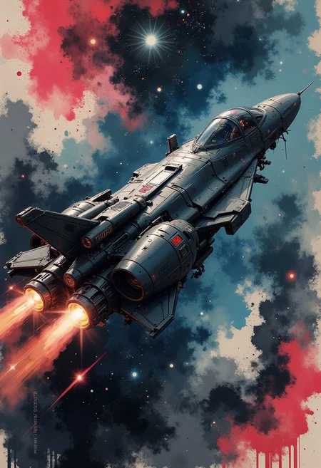 a_skynet_cyberdyne_craft, the image is featuring a, A dinkfsn style ink wash painting, intricate linework with expressive contrasts, gradient vibrant neon colour, rough, textural, broad brush strokes, a sleek variable fighter spaceship traversing interstellar space, detailed night sky with stars and nebulas
