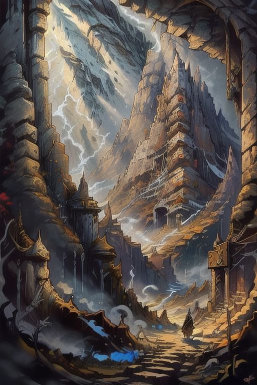 ((Masterpiece)), realistic digital painting of the hall of the mountain king, fanmou, "madness reigns, in the hall of the mountain king", throne room, the dead dwarf king, full armor, guards his treasure with greedy wrath for anyone foolish enough to try to take it, official art, trending on artstation, perfect composition, rule of thirds, golden ratio, cinematic lighting, crepuscular rays, <lora:fantasyv1.1:1>,