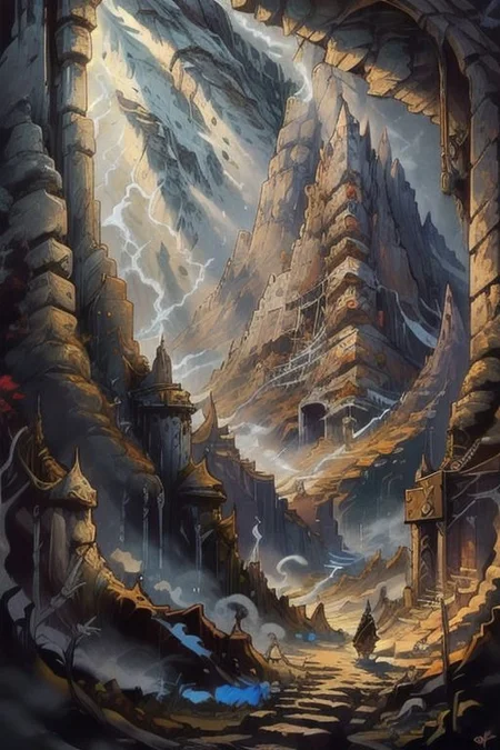 ((Masterpiece)), realistic digital painting of the hall of the mountain king, fanmou, "madness reigns, in the hall of the mountain king", throne room, the dead dwarf king, full armor, guards his treasure with greedy wrath for anyone foolish enough to try to take it, official art, trending on artstation, perfect composition, rule of thirds, golden ratio, cinematic lighting, crepuscular rays, <lora:fantasyv1.1:1>,