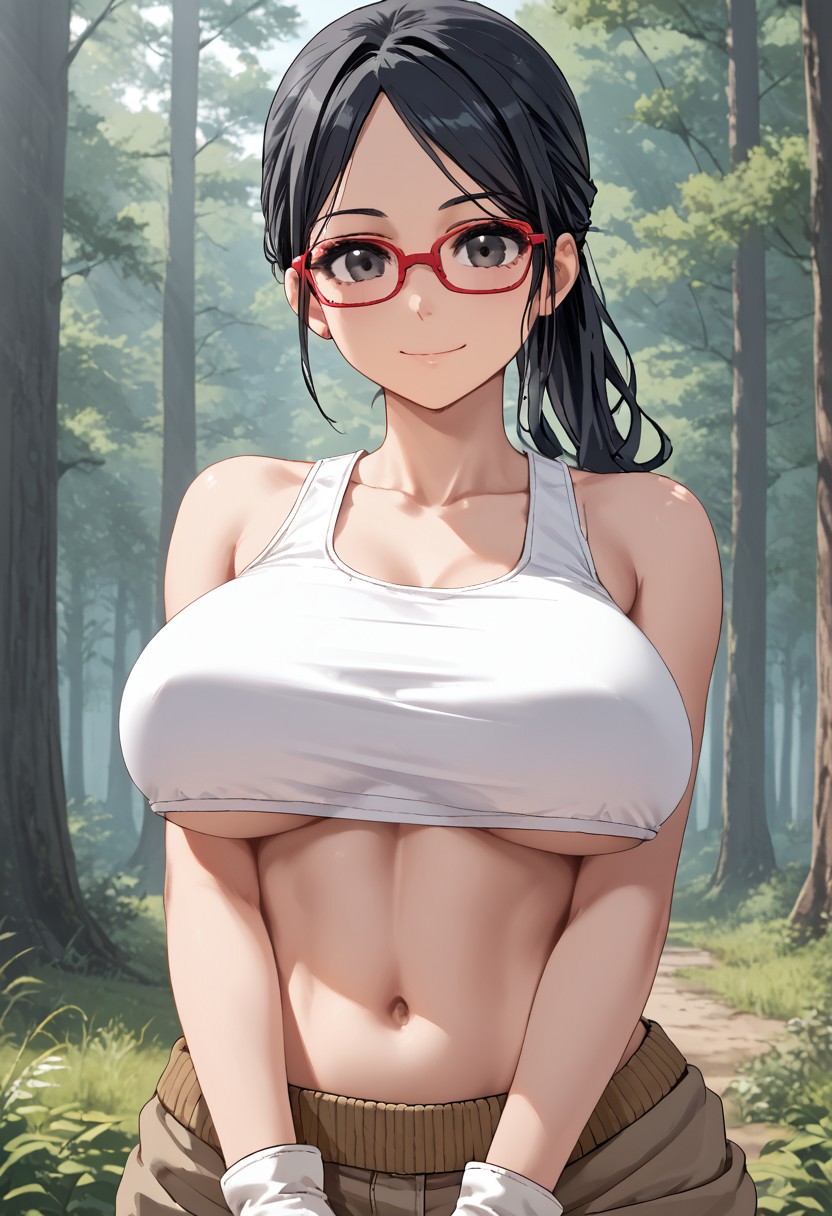 score_4,score_5,score_6,score_7_up,score_8_up,score_9 ((masterpiece,best quality,ultra detailed,highres,HD,4k:1.2))
oekaki,jaggy lines,
1 girl,solo,girl forcus,solo forcus, 
 large breasts,black hair,ponytail,glasses,red-framed eyewear, black eyes, 
underboob,  gloves,  white gloves, tank top, 
In the forest, in the sunlight,
smile,v arms,