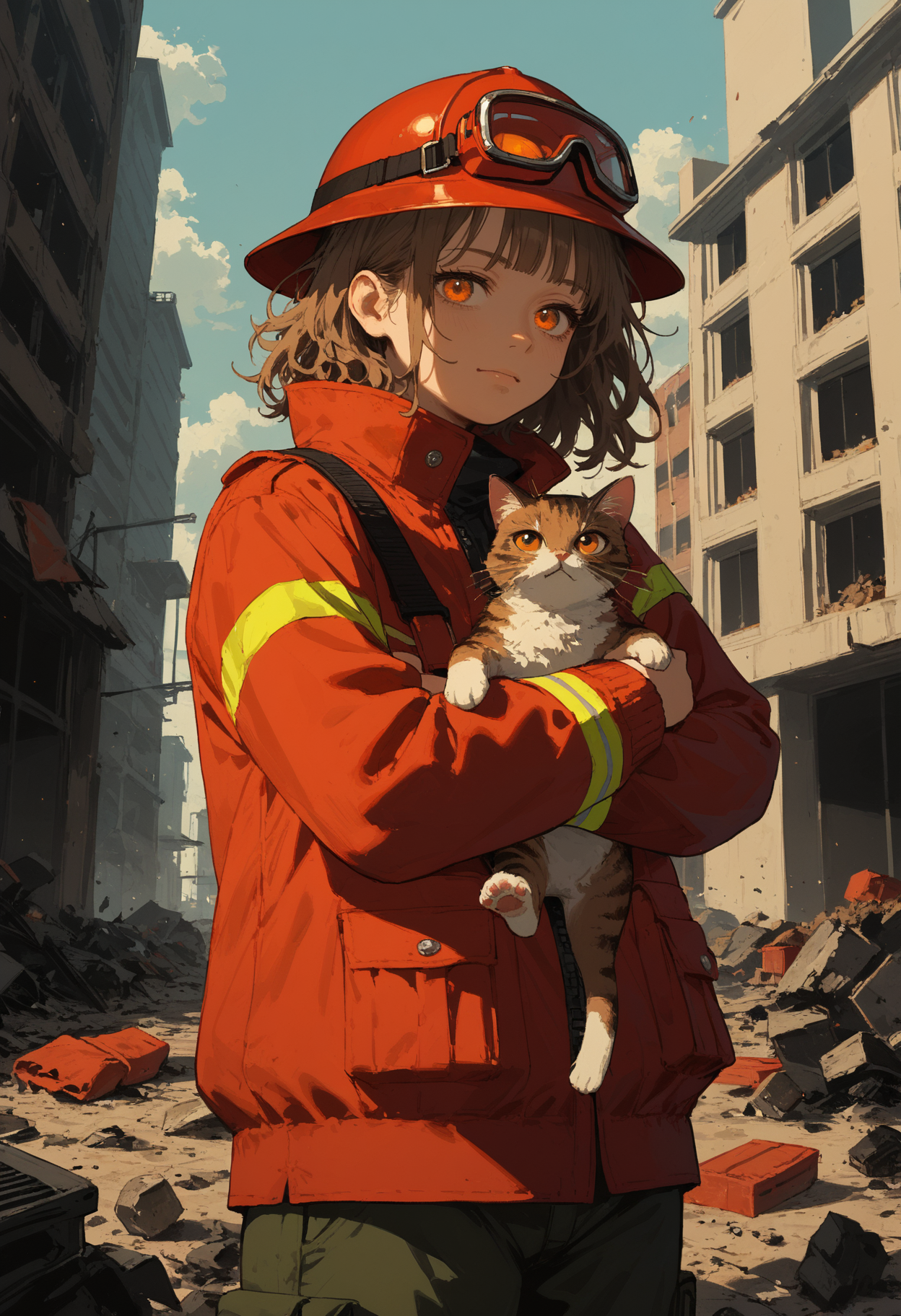 score_9, score_8_up, score_7_up,1girl,solo,mature,hazel hair,messy hair,medium hair,blunt bangs,orange eyes,perfecteyes,wearing firefighter outfit,high neck jacket,(red jacket),cargo pants,helmet,goggles,standing,hugging cat,holding cat,destroyed building,fire in background,debris on floor,sinozick,flat colors,<lora:Sinozick_Style_XL_Pony:0.8>, <lora:add-detail-xl:1>, <lora:perfect-eyes:0.8>