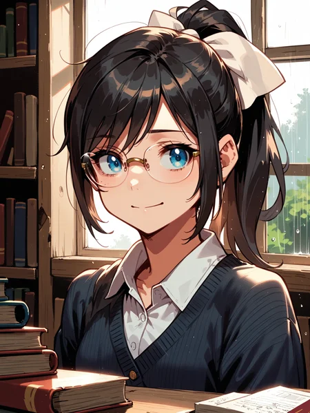 (upper body, solo focus:1.1) <lora:happy_tentacle-halloweengirl-v0.1-000045:1>, ht_halloweengirl, flat chest, black hair, blue eyes, ponytail, hair bow, glasses (petite:1.2), ( :1.1) (perky breasts:1.2) ( , , (confused :1.2) , smile , :1) , indoors, ((day :0.6), rain :0.8), ( window :0.9), (furniture:0.9), abandoned , , , , ( :0.9), library, librarian, shirt, skirt, cardigan, under-rim eyewear, glasses (( from below :1.1) :0.8) score_9, score_8_up, score_7_up, score_6_up, score_5_up, score_4_up, ( [(realistic, photorealistic:1.3):(realistic:1.2):16] [(3d:1.2)::14] :1) <lora:LUUNA's Lunas-NijiJourney-SDXL-B2:0.35>, nijijourney <lora:prgfrg23's Counterfeit-V3.0 Style SDXL_LoRA_Pony Diffusion V6 XL:0.5> <lora:mfcg's mfcgXL:0.12> <lora:reweik's gyokai(himehajime)_PonyXL_style_v01:0.14>