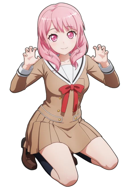 best quality, masterpiece, anime screencap, simple background, solid white background, 1girl, solo, looking at viewer, full body,
<lora:4Ya:1>, 4ya, pink hair, pink eyes, smile, hanasakigawa school uniform, brown skirt, claw pose,