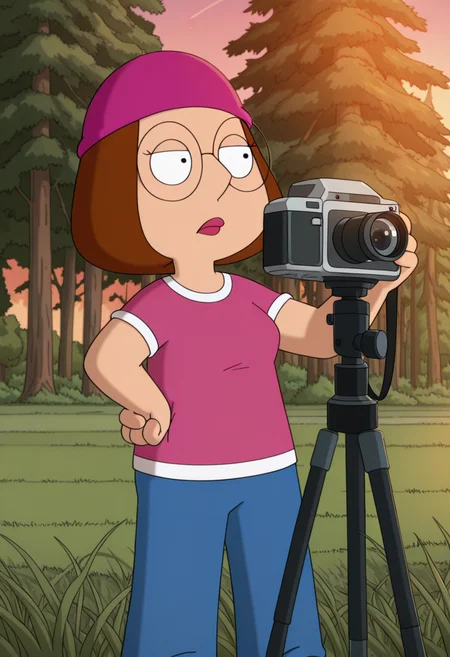 masterpiece, best quality, amazing quality, m3ggf, 1girl, brown hair, glasses, pink beanie, pink t-shirt, blue pants, holding camera, taking picture, hand on hip, legs apart, cowboy shot, outdoors, forest, trees, high grass, sunset, cinematic shot,