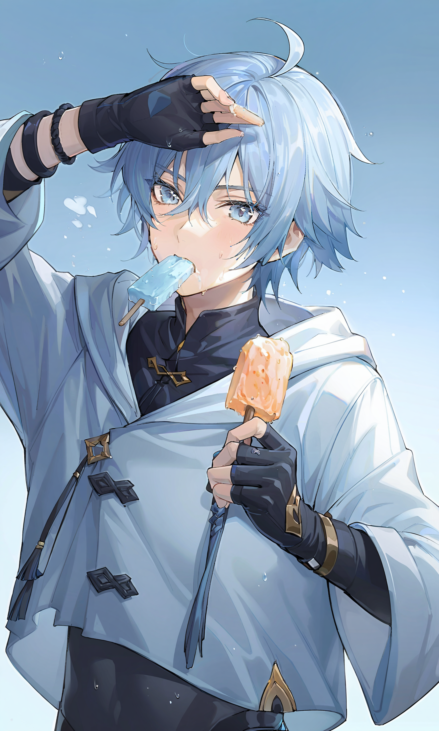 <lora:fat-xl-a3.1:0.8>,
chongyun (genshin impact), 1boy, male focus, popsicle, food, blue hair, solo, blue eyes, sweat, gloves, fingerless gloves, light blue hair, bangs, short hair, hood, hair between eyes, upper body, holding, chinese clothes, black gloves, eating, male child, shading eyes, food in mouth, ahoge, hood down, holding food, blue background, bodysuit, black bodysuit, simple background, bracelet, hot, aqua hair, open mouth, signature, long sleeves