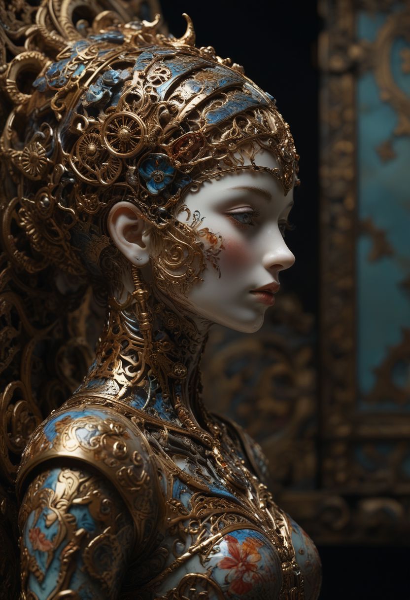 (Crafted Ceramic of a woman), gold filigree, cybernetic enhancements, machinery, rusty steel armor, triadic colors, stunning background. dark and moody, a mesmerizing blend of light and shadow. masterpiece, absurdres, intricate details <lora:TQCeramicStyle:0.9> Rembrandt